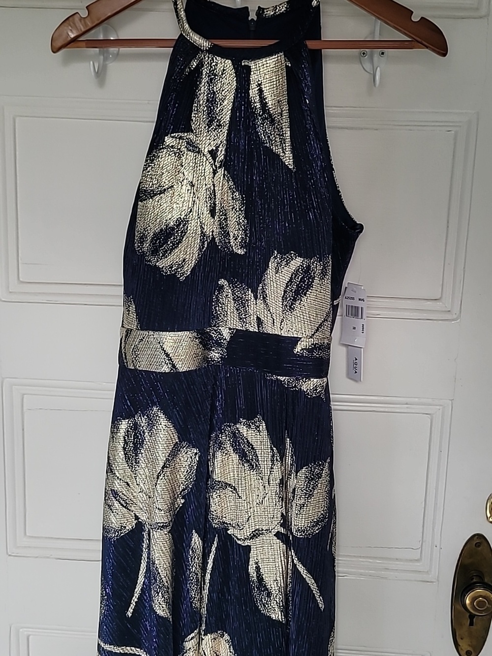 Bloomingdale's Womens Aqua Floral Print Foil Halter Gown Size 10 Navy, Gold NWT - Picture 3 of 10